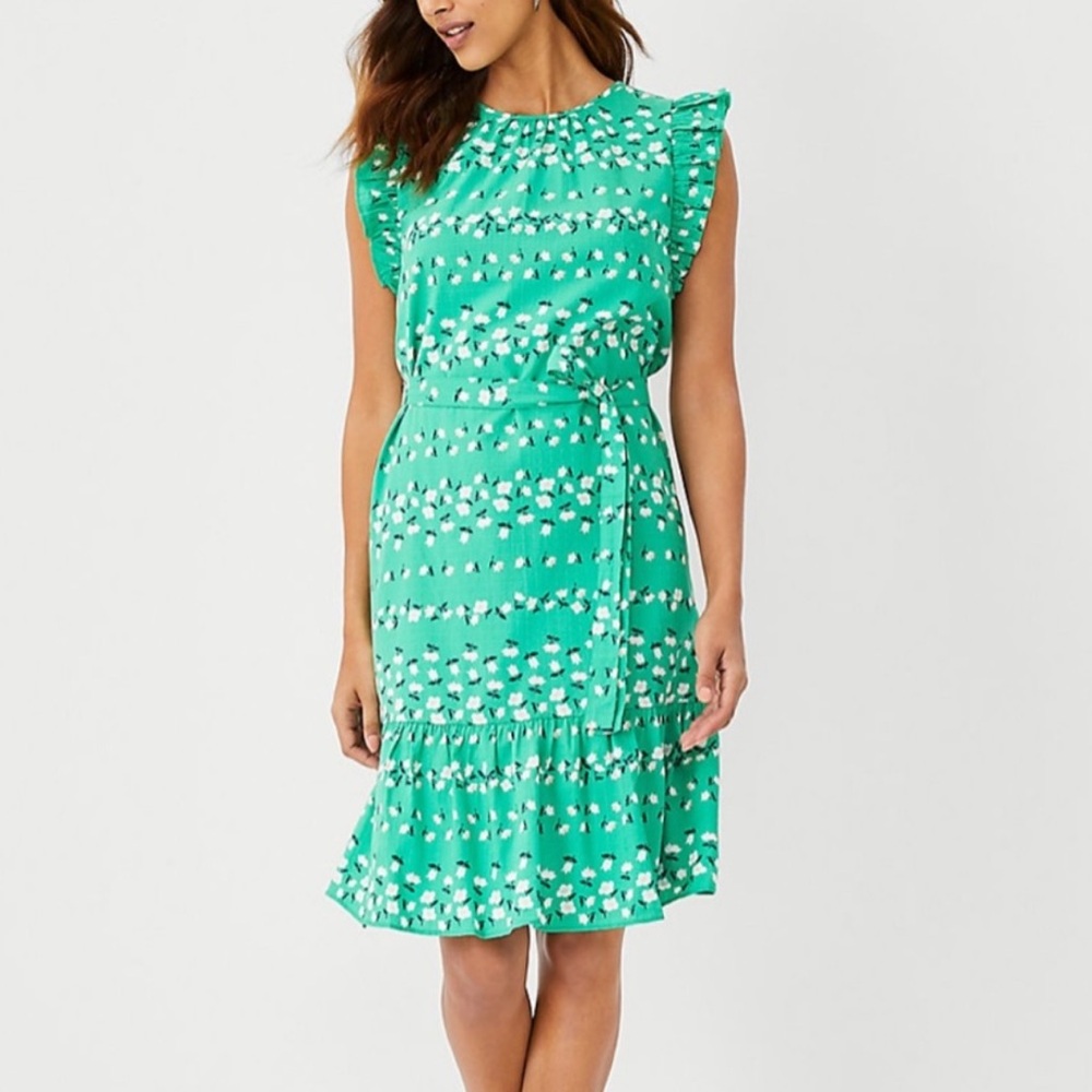 Ann Taylor Flutter Sleeve Belted Floral Dress